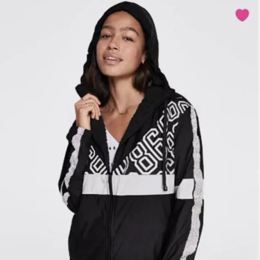 M/L Pink Victoria's Secret Windbreaker Black & White Anorak Jacket Coat - Picture 12 of 12